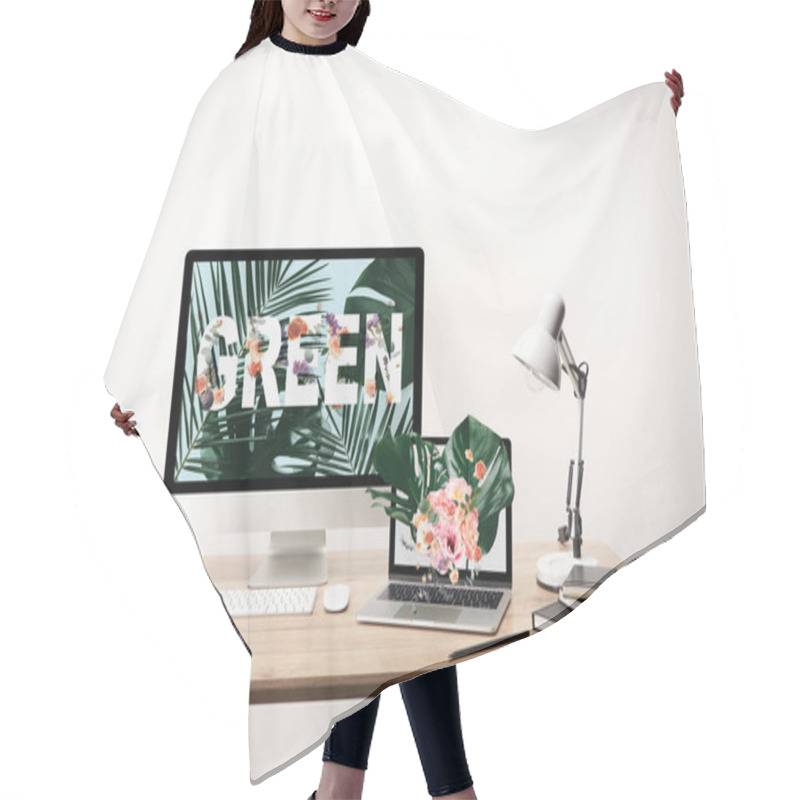 Personality  Computer With Green Lettering And Monstera Leaves Illustration On Monitor On Wooden Table Hair Cutting Cape