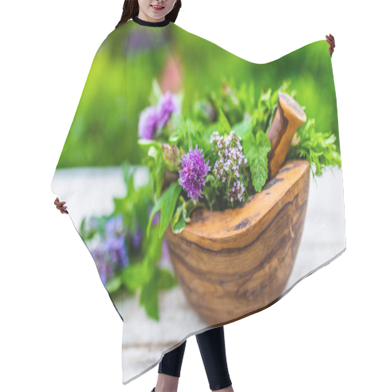 Personality  Fresh Herbs In A Wooden Mortar. Hair Cutting Cape