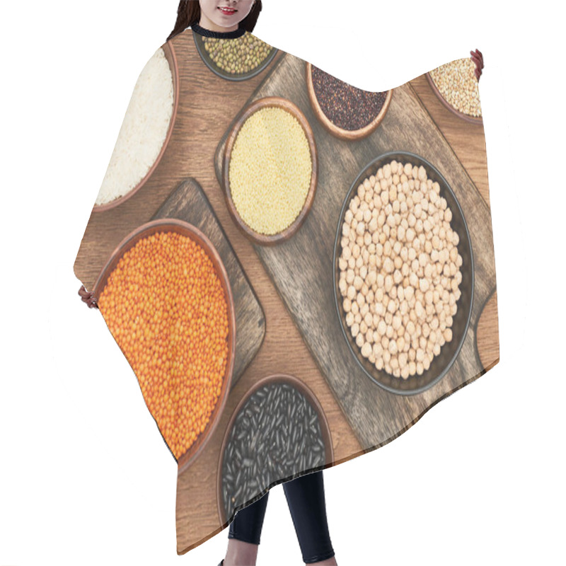 Personality  Top View Of Bowls With Whole Grains And Legumes On Wooden Cutting Boards Hair Cutting Cape