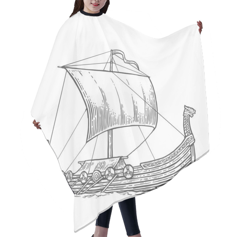 Personality  Drakkar Floating On The Sea Waves.  Hand Drawn Design Element Sailing Ship. Vintage Vector Engraving Illustration For Poster, Label, Postmark. Isolated On White Background. Hair Cutting Cape