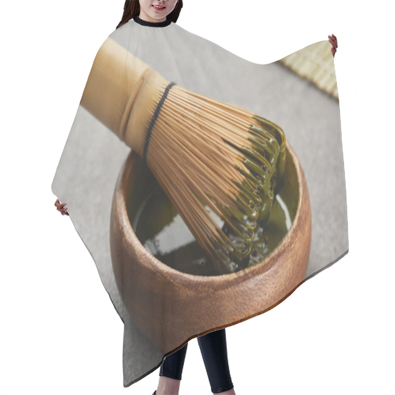 Personality  Selective Focus Of Bamboo Whisk In Wooden Bowl With Green Matcha Powder Hair Cutting Cape