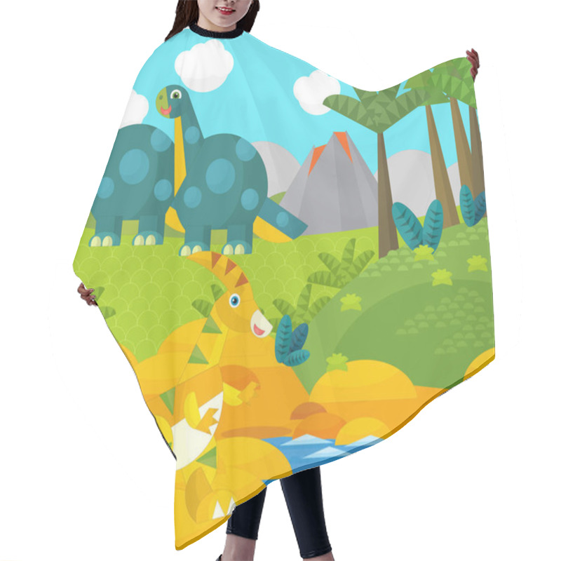 Personality  Cartoon Happy Dinosaur Near Some River And Volcano - Illustration For Children Hair Cutting Cape