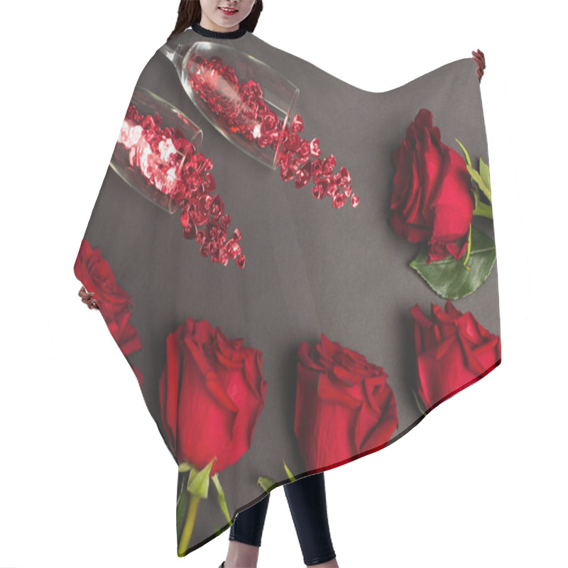 Personality  Top View Of Red Roses Near Glasses With Confetti On Black Hair Cutting Cape