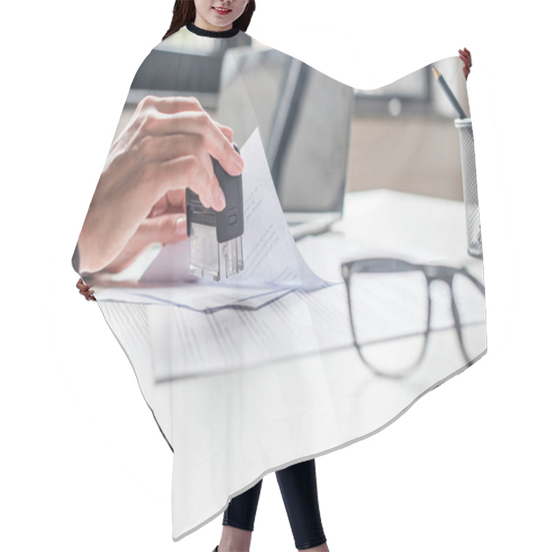 Personality  Cropped View Of Businesswoman Putting Stamp In Document At Workplace On Blurred Background Hair Cutting Cape