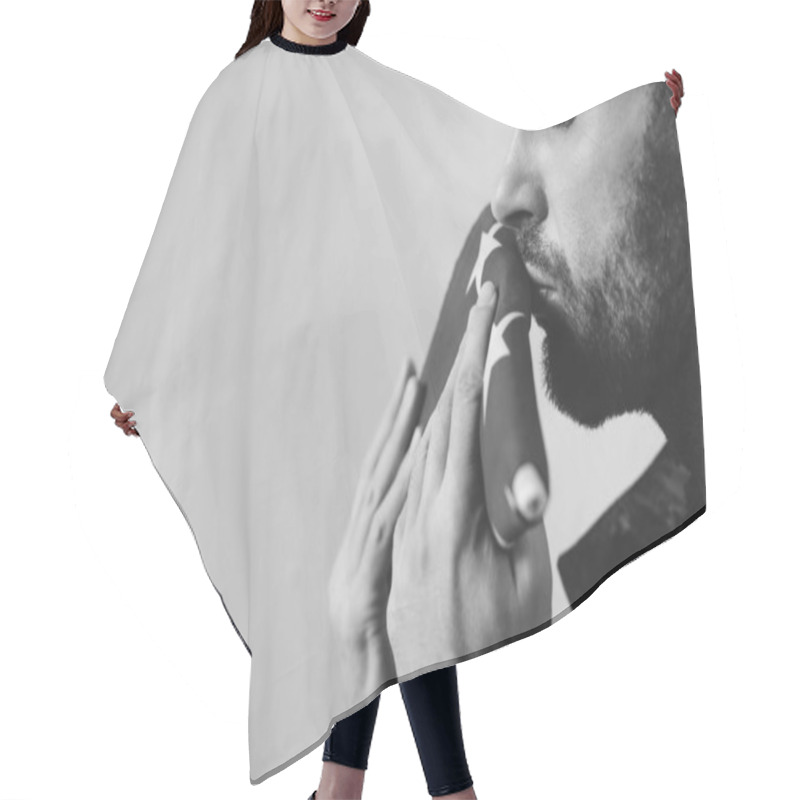 Personality  Handsome Bearded Military Man Kissing Usa National Flag With Closed Eyes Hair Cutting Cape