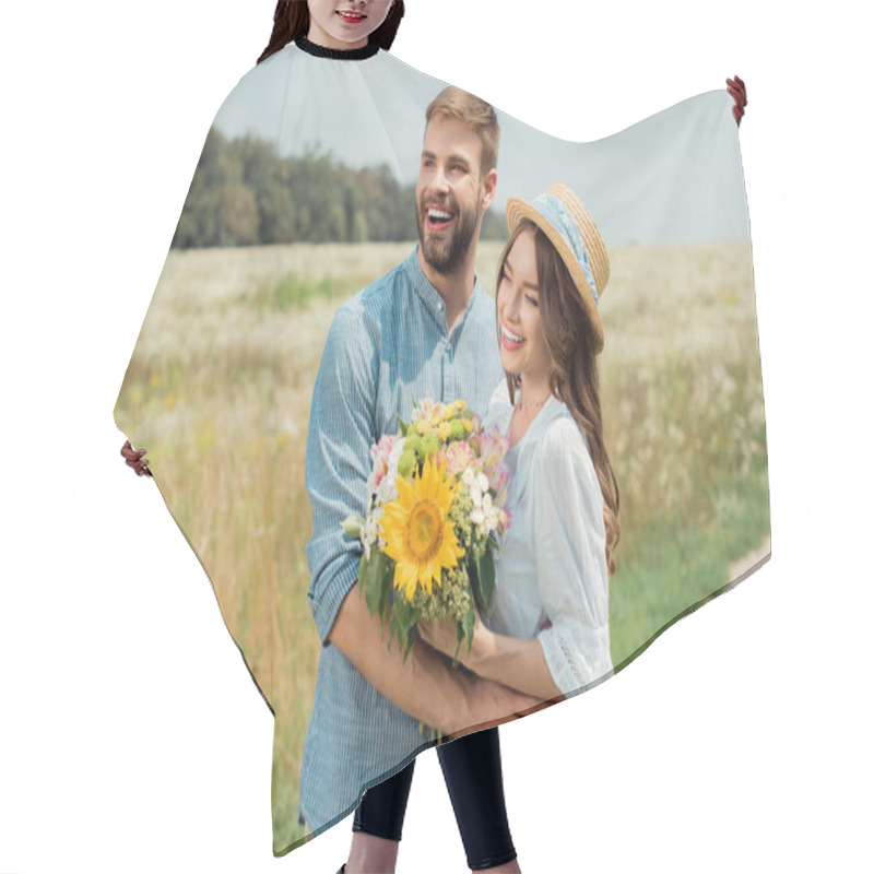 Personality  Portrait Of Smiling Man Hugging Girlfriend With Bouquet Of Wild Flowers In Summer Field Hair Cutting Cape