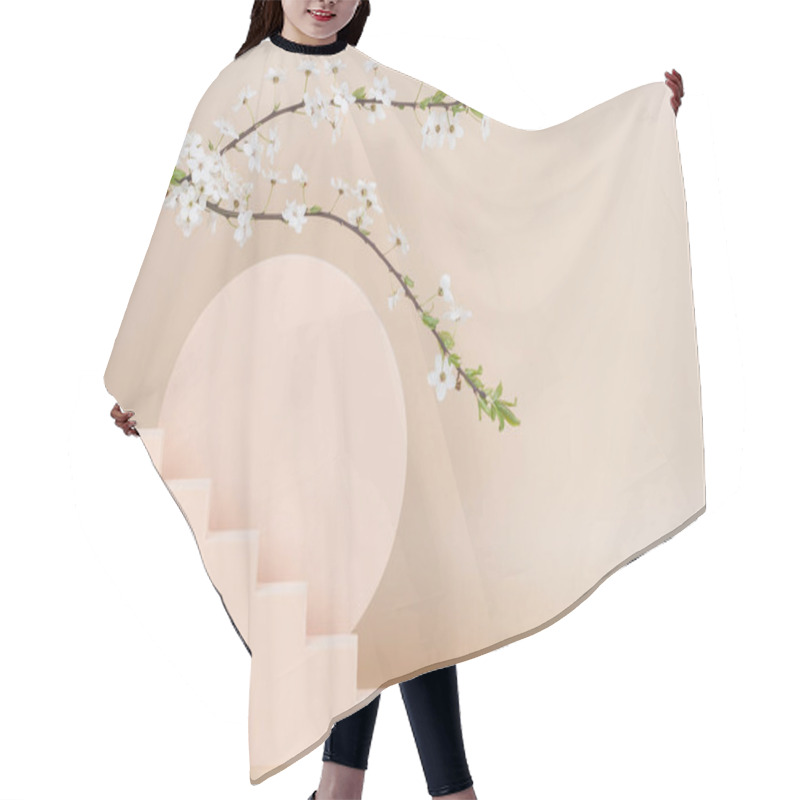 Personality  Round Podium Platform Stand For Product Presentation And Spring Flowering Tree Branch With White Flowers On Pastel Beige Background. Front View Hair Cutting Cape