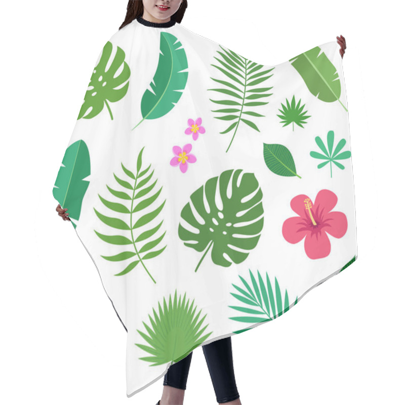 Personality  Set Of Tropical Exotic Plants Leaves And Flowers Of Plumeria And Hibiscus Isolated On White Background. Vector Illustration Hair Cutting Cape