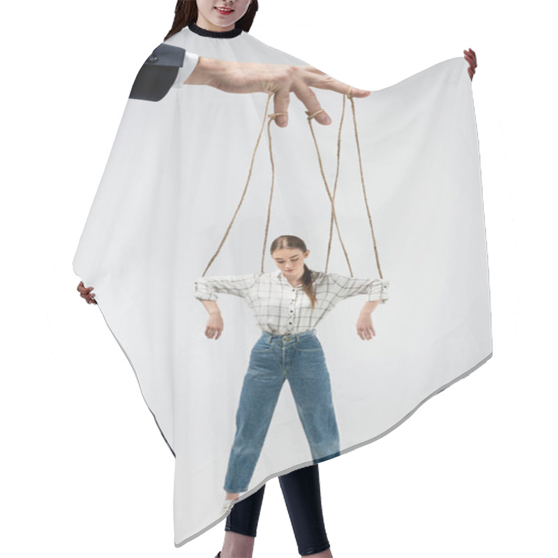 Personality  Cropped View Of Puppeteer Holding Marionette On Strings Isolated On Grey Hair Cutting Cape