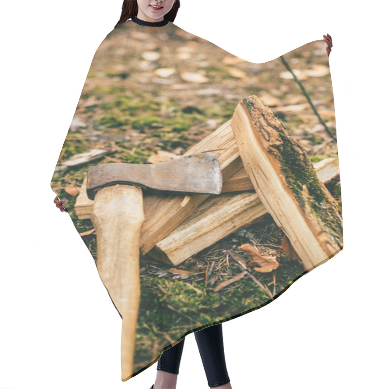 Personality  Vertical View Of Pile Of Chopped Firewood On Ground With Ax In Autumn Forest Hair Cutting Cape