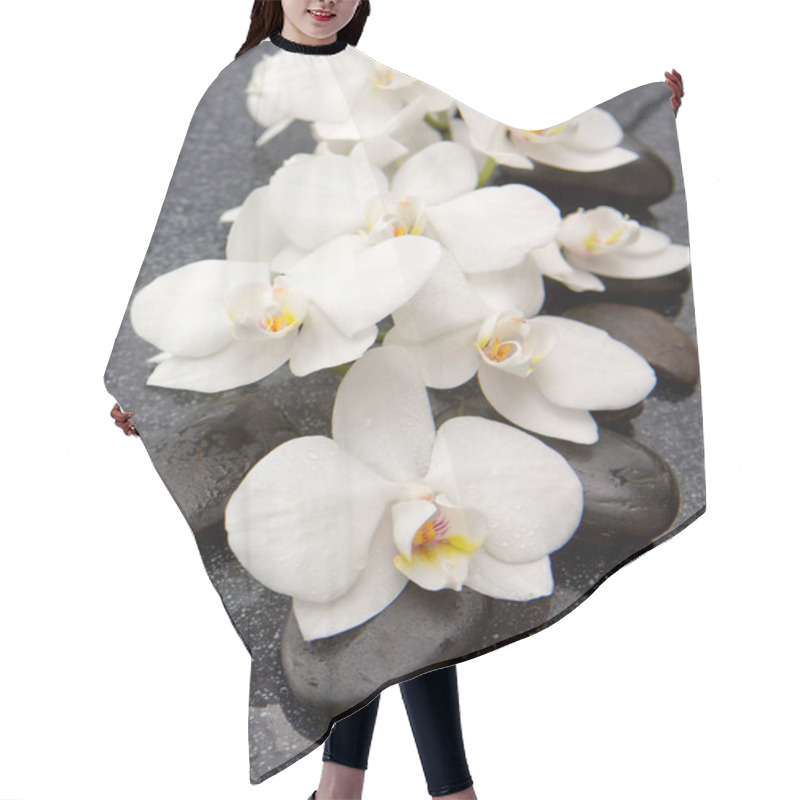 Personality  Spa Stones And White Orchid On Gray Background. Hair Cutting Cape