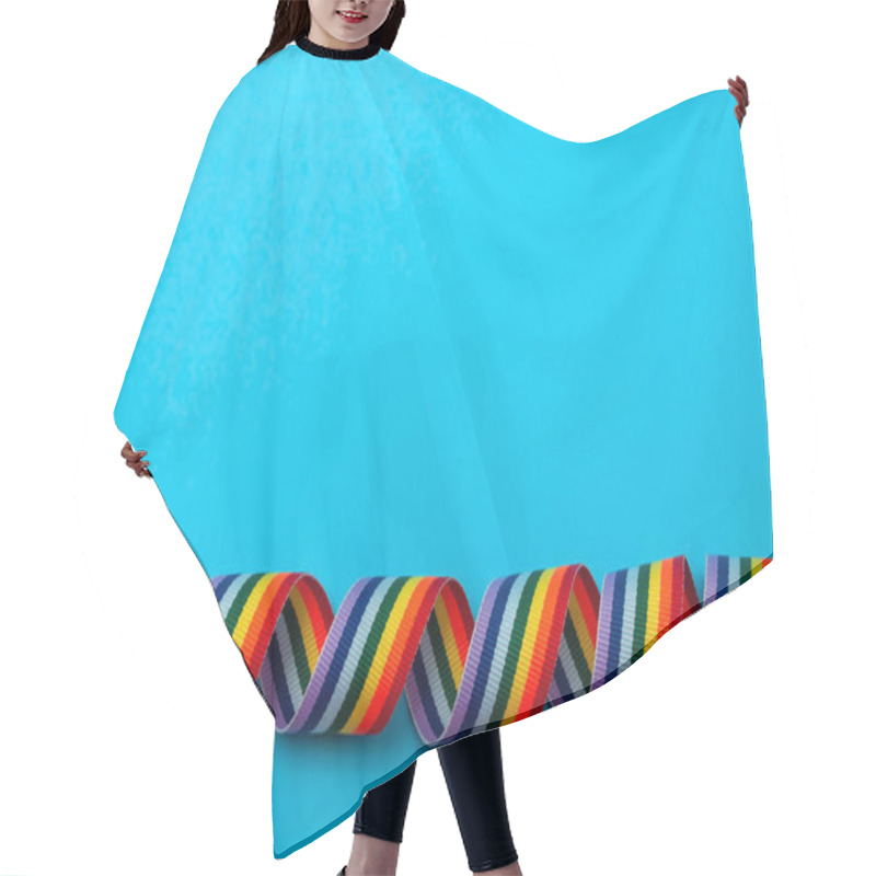 Personality  Spiral Rainbow Ribbon On Blue Background Top View Free Space Hair Cutting Cape