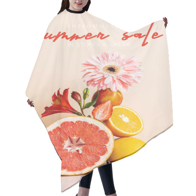 Personality  Floral And Fruit Composition With Citrus, Strawberry And Peach Near Summer Sale Lettering On Beige Background Hair Cutting Cape