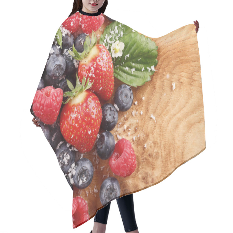 Personality  Top-view Of An Assortment Of Berries Like Blueberries, Raspberries And Strawberries Over A Wood Table With Copy-space Hair Cutting Cape