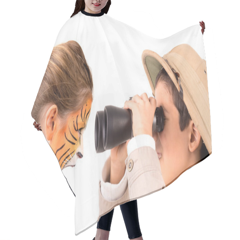 Personality  Tiger And Explorer On White Hair Cutting Cape