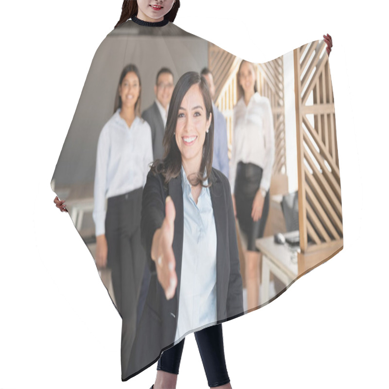 Personality  Caucasian Businesswoman Extending Her Hand For A Handshake With Colleagues Standing In Background Hair Cutting Cape