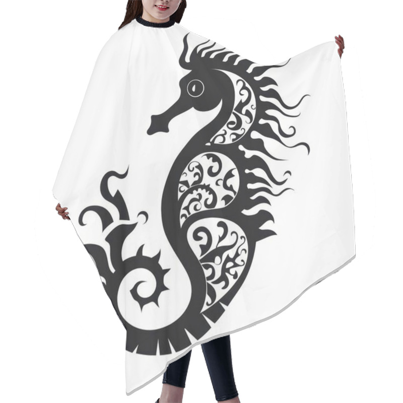 Personality  Stylized Black Sea Horse Illustration Featuring Intricate Floral Patterns And Flowing Designs. Hair Cutting Cape