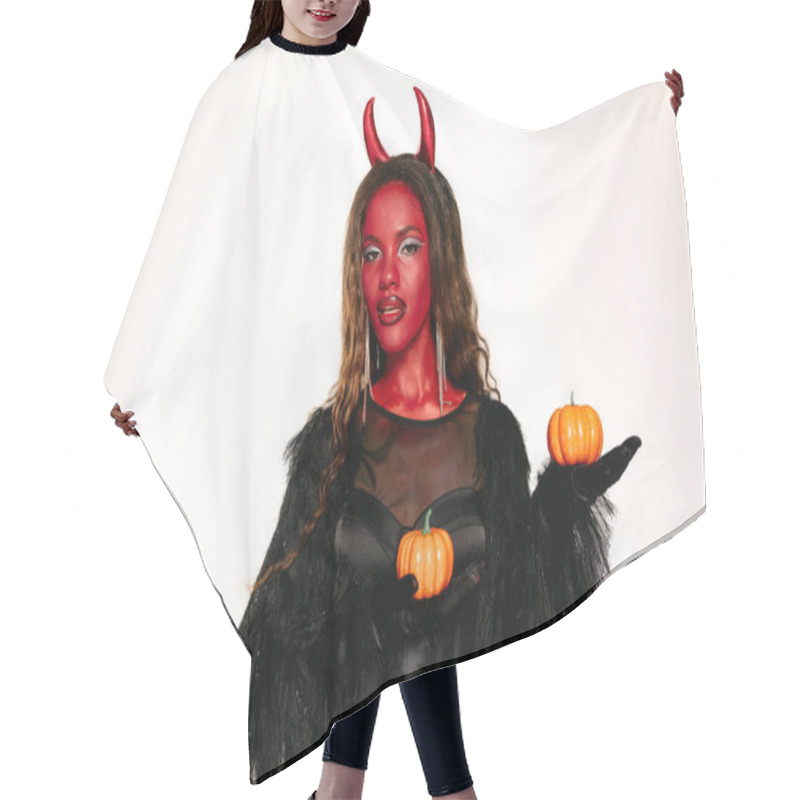 Personality  A Stunning Woman In A Devil Costume Showcases Her Creativity With Pumpkins This Halloween. Hair Cutting Cape