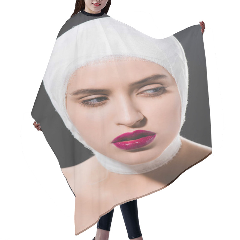 Personality  Pretty Young Woman With Crimson Lips And Bandaged Head Isolated On Grey  Hair Cutting Cape