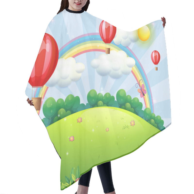 Personality  Floating Balloons At The Hilltop With A Rainbow Hair Cutting Cape