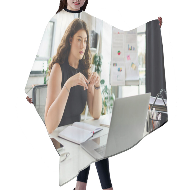 Personality  A Confident Plus-size Woman With Long Curly Hair Focuses On Her Laptop In A Bright Office, Surrounded By Plants. Hair Cutting Cape