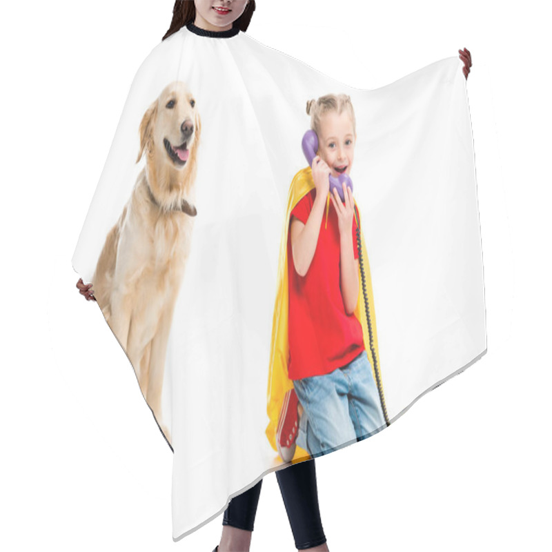 Personality  Beige Dog With Smiling Little Supergirl Talking On Phone And Wearing Yellow Cape Isolated On White Hair Cutting Cape