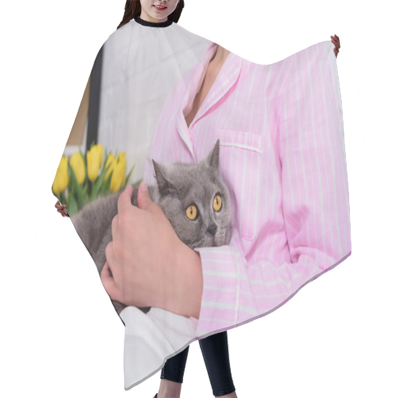 Personality  Cropped Shot Of Woman With Britain Shorthair Cat On Bed At Home Hair Cutting Cape