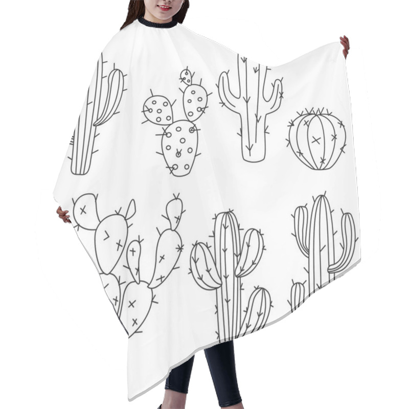 Personality  Cactus Vector Illustrations. Hand Drawn Outline Cactus Set. Hair Cutting Cape