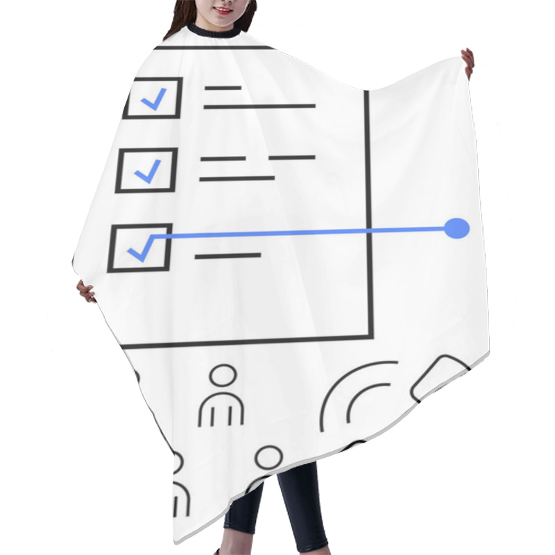 Personality  Checklist With Marked Tasks, Six Figures Representing Team, Phone Symbol Representing Communication. Ideal For Project Management, Teamwork, Task Organization, Collaboration, Communication Hair Cutting Cape