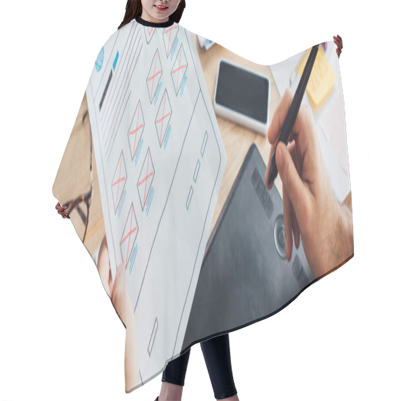 Personality  Cropped View Of Designer Using Graphics Tablet While Planning User Experience Design Of Website At Table, Panoramic Shot  Hair Cutting Cape