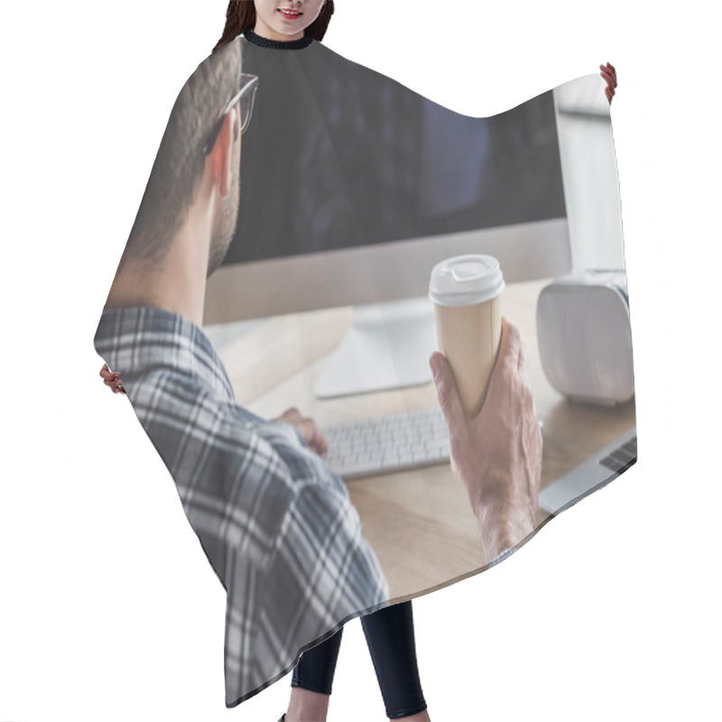 Personality  Cropped Shot Of Man In Eyeglasses Holding Coffee To Go And Using Desktop Computer Hair Cutting Cape