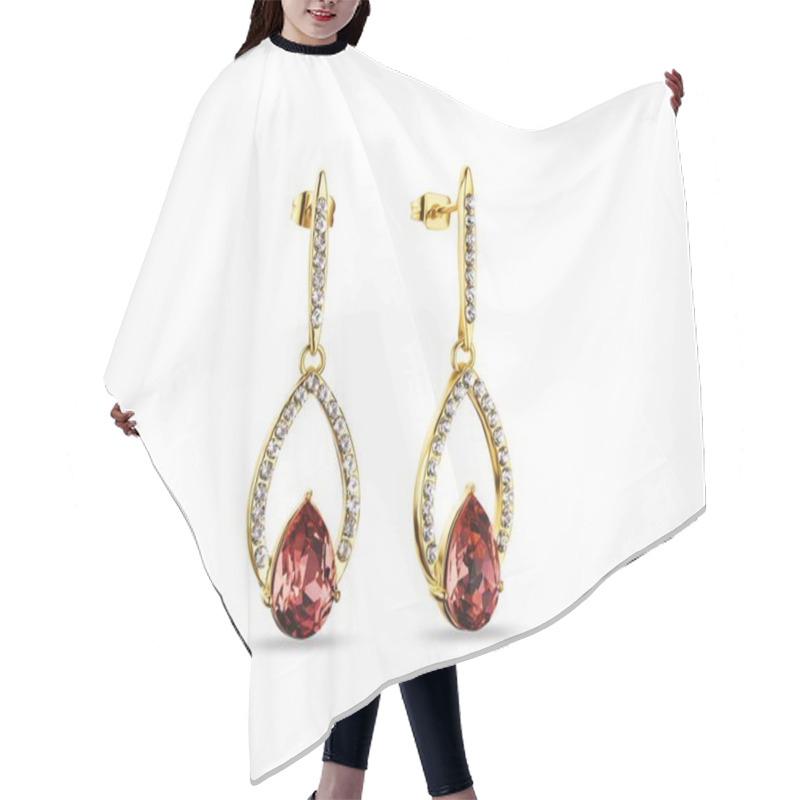 Personality  Golden Earrings With Red Crystals On White Background, Jewelry Hair Cutting Cape