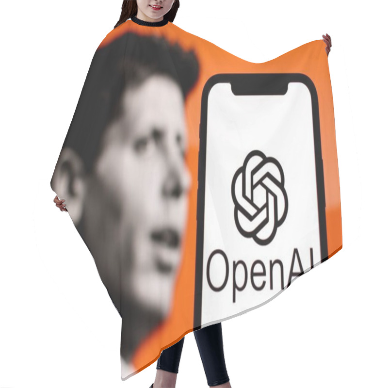 Personality  In This Photo Illustration, The OpenAI Logo Is Displayed On A Smartphone With CEO Sam Altman In The Background.Indonesia - May 22th 2024. Hair Cutting Cape