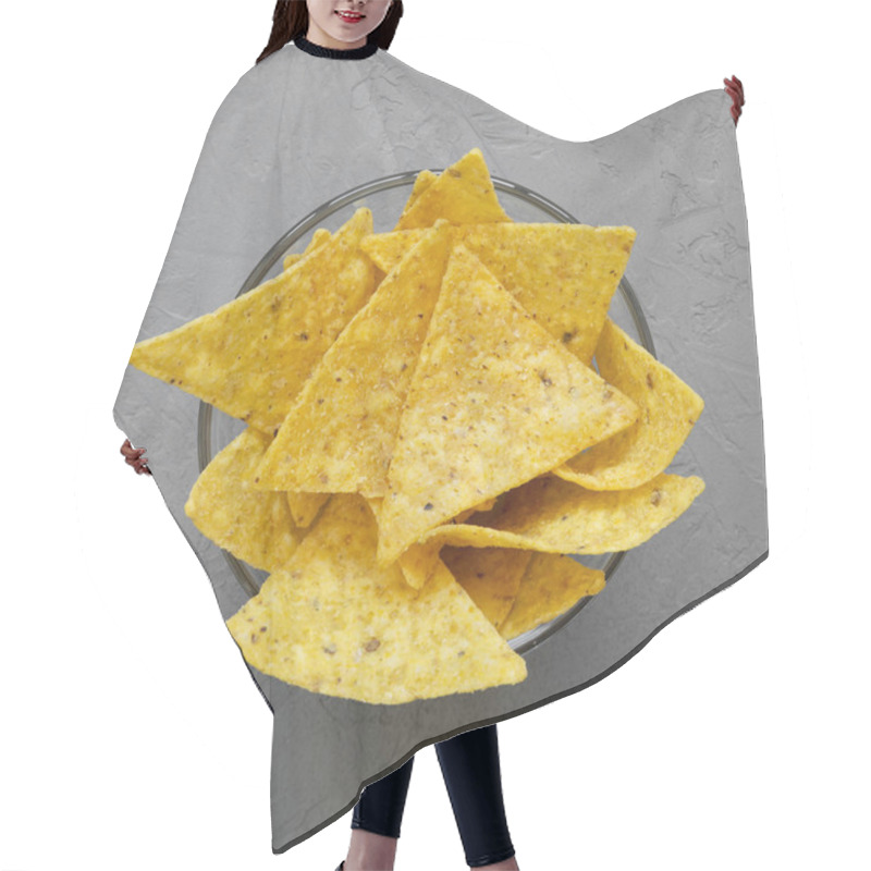 Personality  Top View, Full Bowl Of Tortilla Chips On Concrete Background. Me Hair Cutting Cape