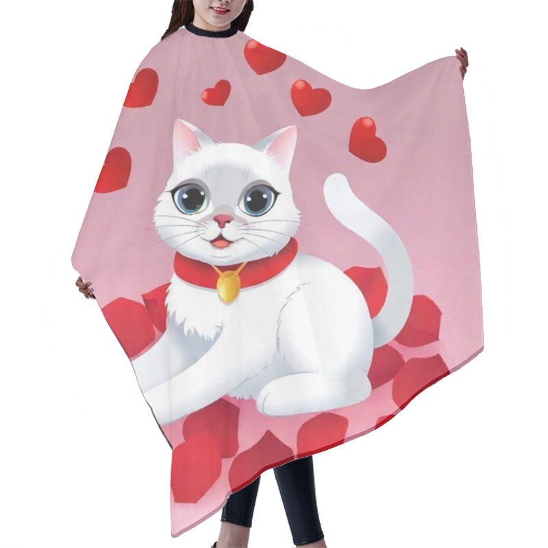 Personality  White Cat With Red Hearts Hair Cutting Cape