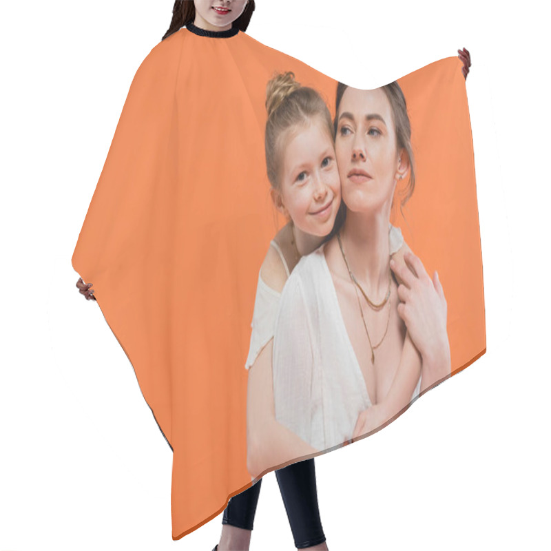 Personality  Mother And Daughter, Cheerful Preteen Girl Hugging Young Woman On Orange Background, White Sun Dresses, Modern Parenting, Summer Fashion, Togetherness, Love Hair Cutting Cape