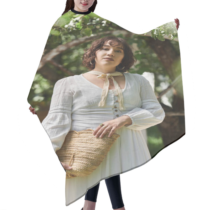 Personality  A Young Woman In A White Dress And Straw Hat Enjoys A Summer Day In A Garden. Hair Cutting Cape