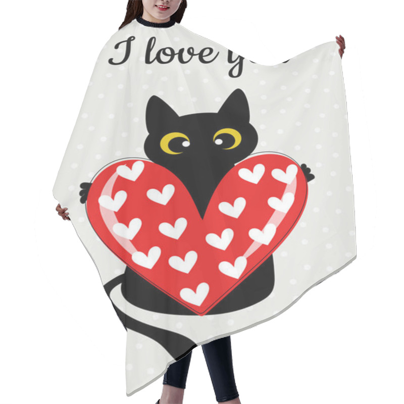 Personality  Black Cat And Red Heart On A Gray Background With Polka Dots. Winter Holiday Card For Valentine's Day. Printing Illustrations On Cups, Textiles, Clothing, Gliders. Vector Graphics. Hair Cutting Cape