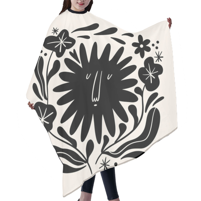 Personality  Sun Flower Art. Folk Rural Rustic Fairytale Style, Hygge And Lagom Design. Nordic Scandi Decor Elements. Hair Cutting Cape