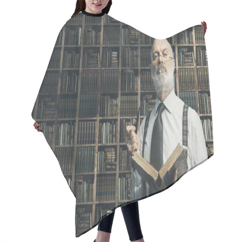 Personality  Senior Academic Professor Reading An Old Book In The Library, Knowledge, Learning And Education Concept Hair Cutting Cape