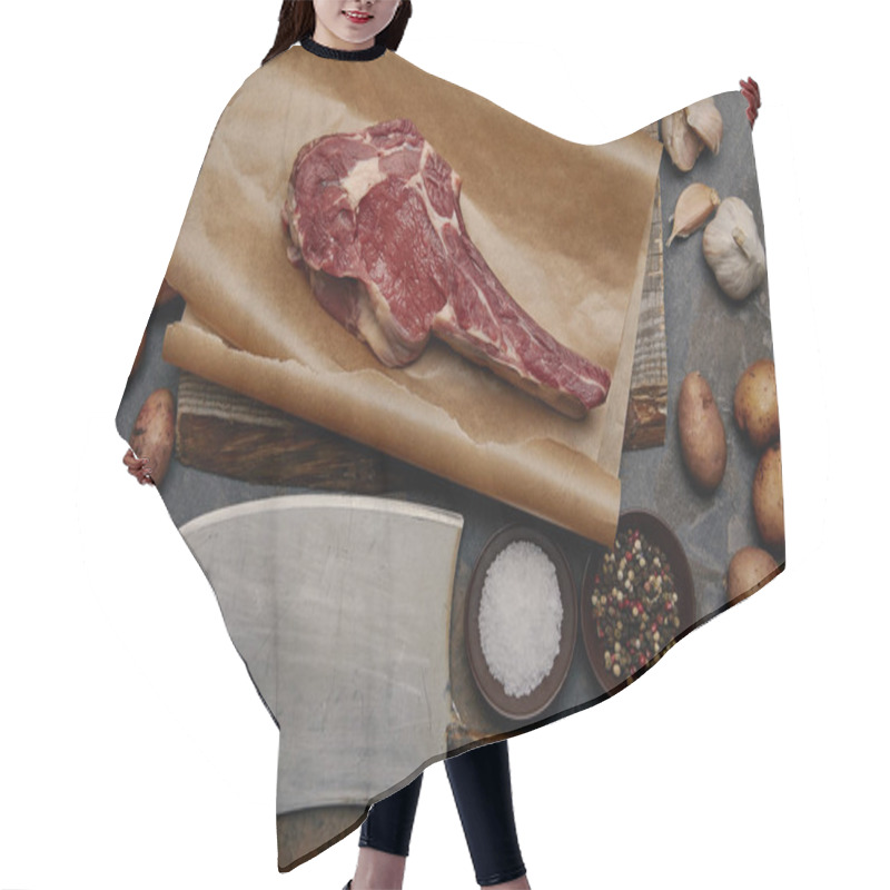 Personality  Flat Lay With Raw Rib Eye Steak On Baking Paper With Butcher Knife, Spices, Potatoes And Garlic Hair Cutting Cape