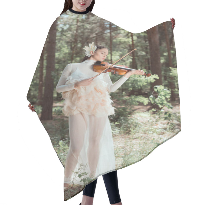 Personality  Elegant Woman In White Swan Costume Standing On Forest Background, Playing On Violin Hair Cutting Cape