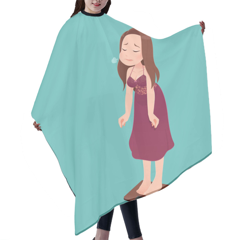 Personality  Woman With Scale Unhappy With Her Weight Gesturing Sadness. Hair Cutting Cape