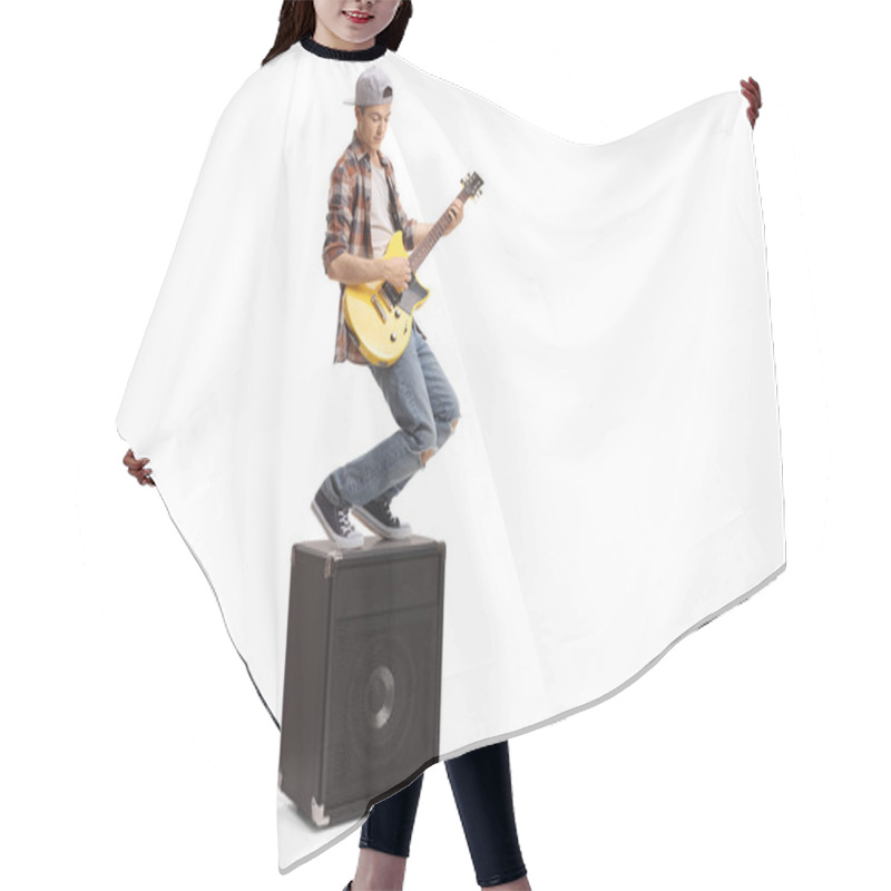 Personality  Teenage Boy Standing On An Amplifier And Playing An Electric Guitar Isolated On White Background Hair Cutting Cape