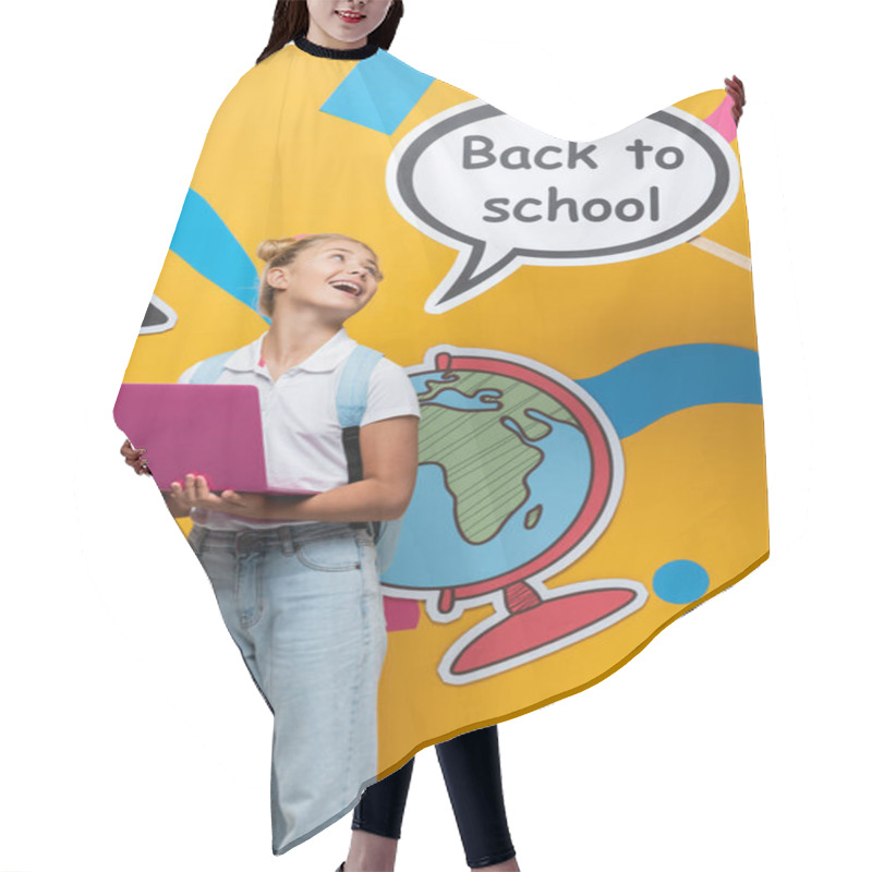 Personality  Schoolchild With Laptop Looking At Speech Bubble With Back To School Lettering And Paper Art On Yellow Background Hair Cutting Cape