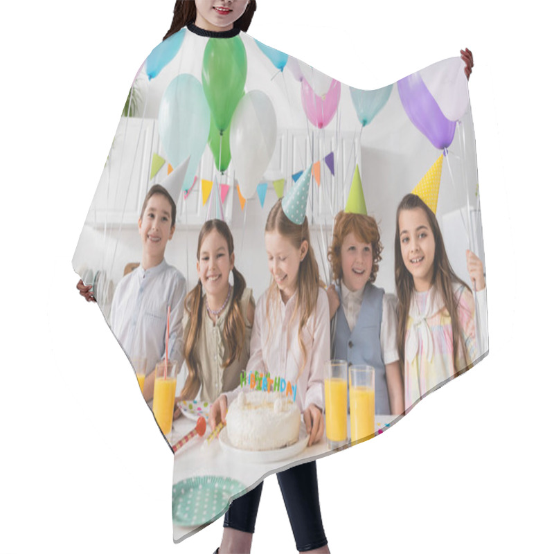 Personality  Group Of Cheerful Kids Having Fun During Birthday Party Next To Balloons At Home  Hair Cutting Cape