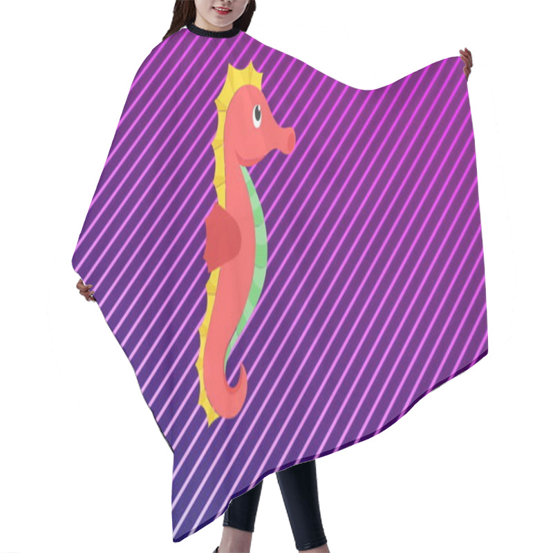 Personality  Image Of Seahorse Over Purple Striped Background. Colours, Shapes And Abstraction Concept, Digitally Generated Image. Hair Cutting Cape