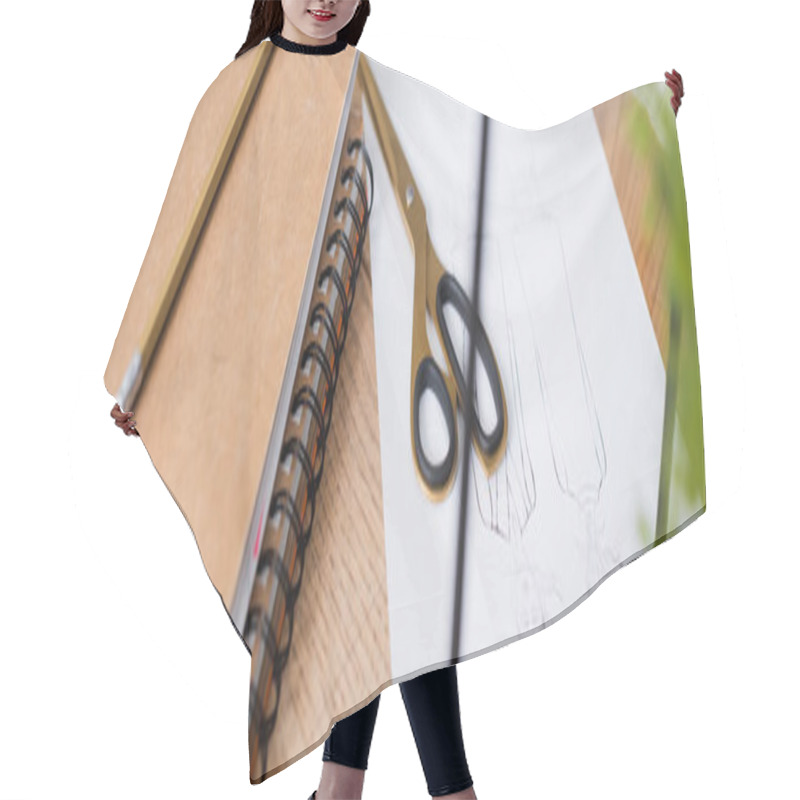 Personality  Scissors Near Sketches And Notebooks On Table, Banner  Hair Cutting Cape