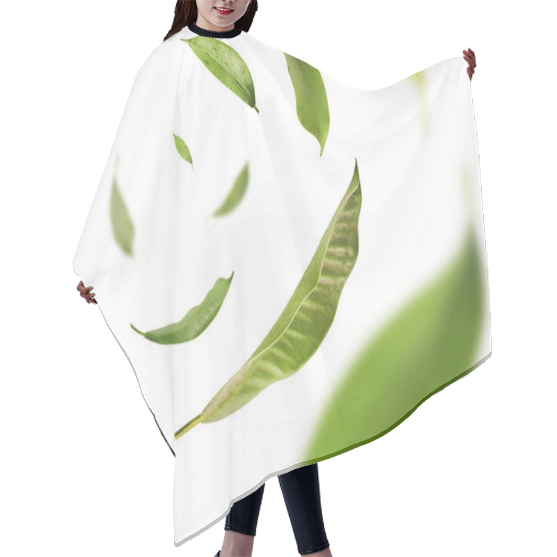 Personality  Vividly Flying In The Air Green Tea Leaves Isolated On White Bac Hair Cutting Cape