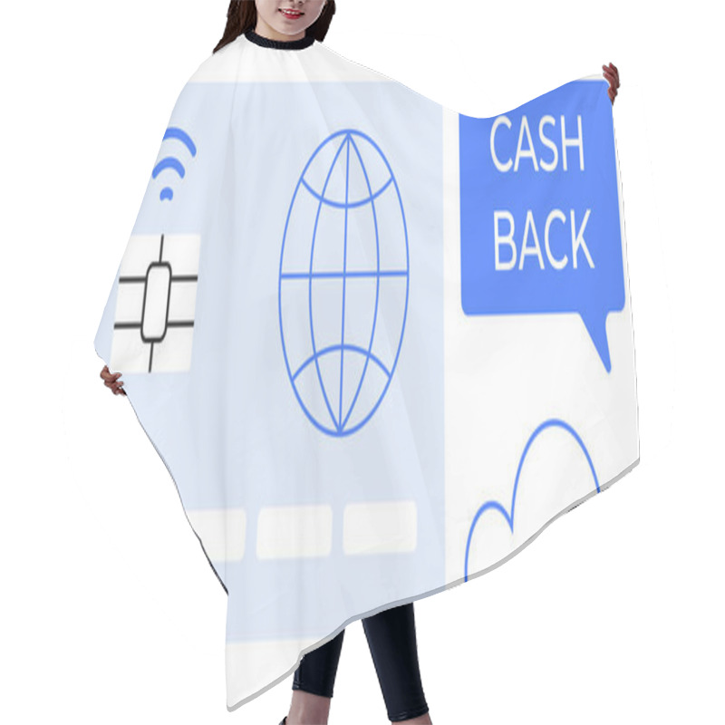 Personality  Credit Card With A Chip And Global Icon, Speech Bubble With Cash Back, And Cloud Symbol. Ideal For Banking, Finance, Global Transactions, Online Payments, Rewards, Internet Of Things Technology Hair Cutting Cape